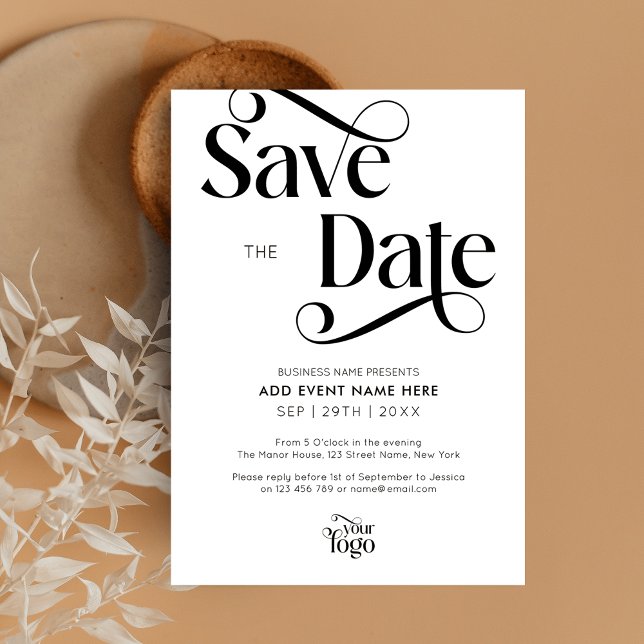 Invitación Evento profesional sencillo con guión moderno Guar (Sophisticated Save The Date cards in black and white, featuring trendy swirly serif fonts)