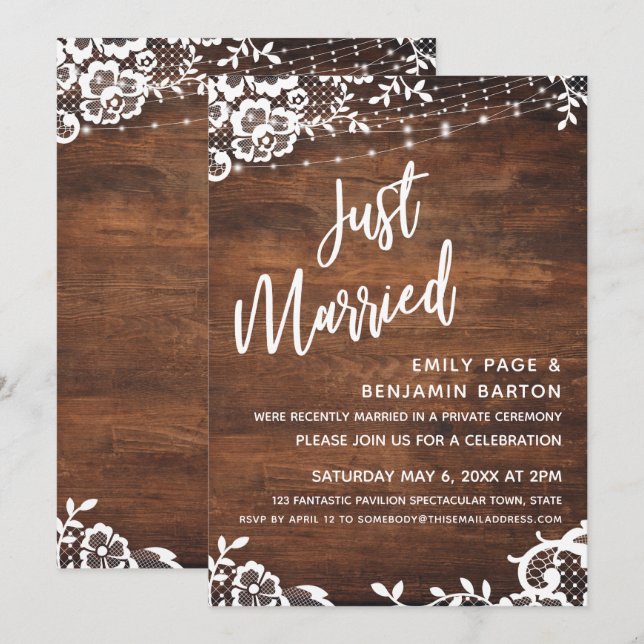 Invitación Evento rústico de madera, luces y encajes recién c (Anverso / Reverso)