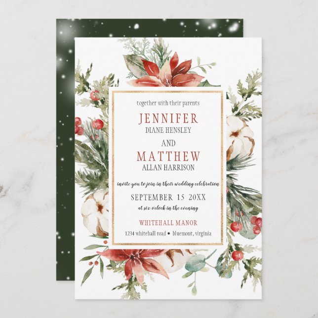 Invitación Evergreen Branches Red Poinsettia Gold Boda | (Anverso / Reverso)