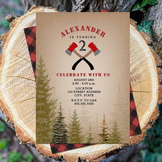 Invitación Evergreen Buffalo Plaid Ax Lumberjack Cumpleaños (Subido por el creador)