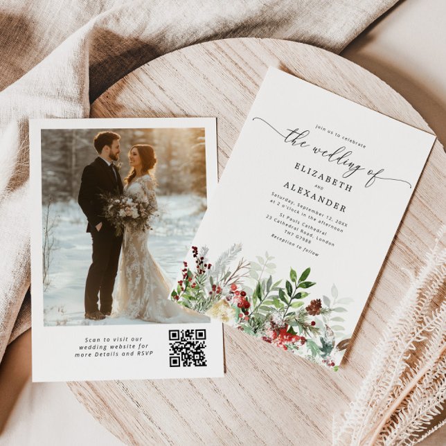 Invitación Evergreen elegante boda de invierno QR foto de cód (Subido por el creador)