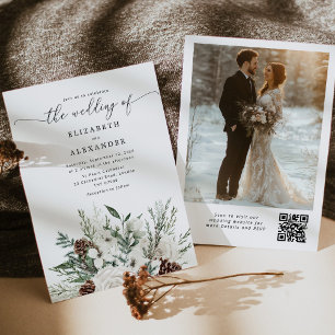 Invitación Evergreen elegante boda de invierno QR foto de cód