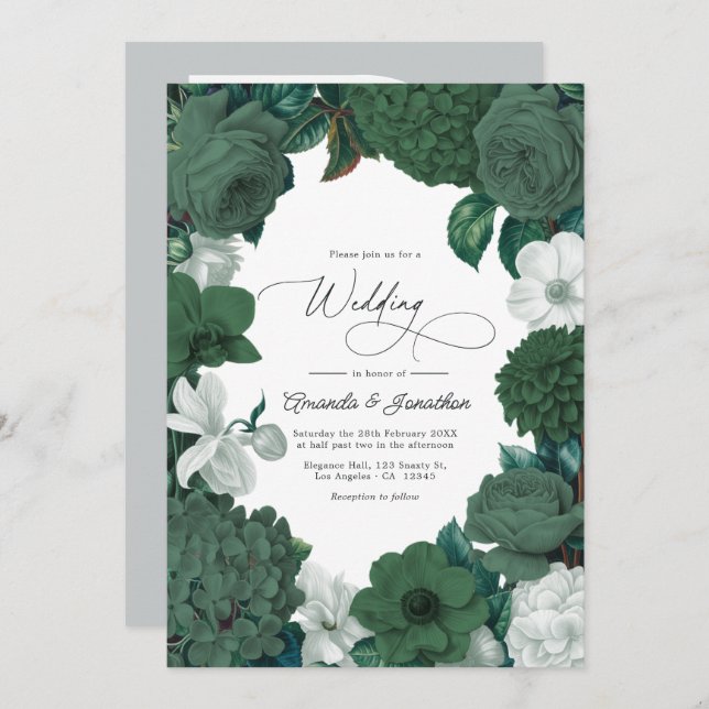 Invitación Evergreen, Juniper & Snow White Wedding (Anverso / Reverso)