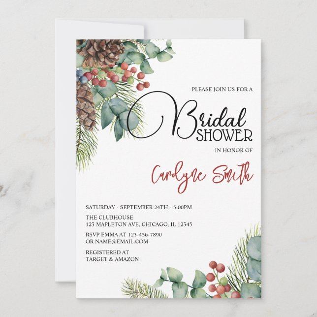 Invitación Evergreen Poinsettia Elegant Winter Bridal Shower (Anverso)