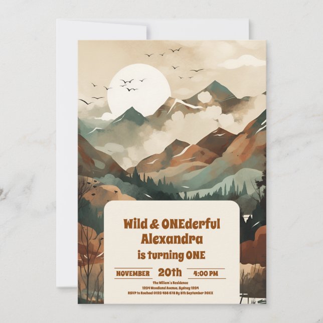 Invitación Evergreen, Selva Rústica de Montaña, primer cumple (Anverso)