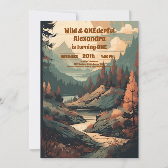 Invitación Evergreen, Selva Rústica de Montaña, primer cumple (Anverso)