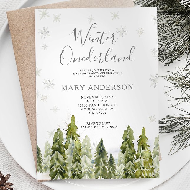 Invitación Evergreen Snowy Winter Onederland 1er cumpleaños (Subido por el creador)