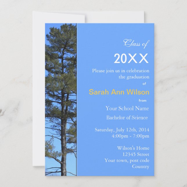 Invitación Evergreen tree photography, graduación azul (Anverso)