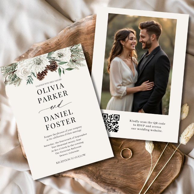 Invitación Evergreen Winter Photo QR Code Elegant Wedding (Subido por el creador)