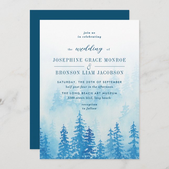 Invitación Evergreens en el bosque de niebla en el Boda azul (Anverso / Reverso)