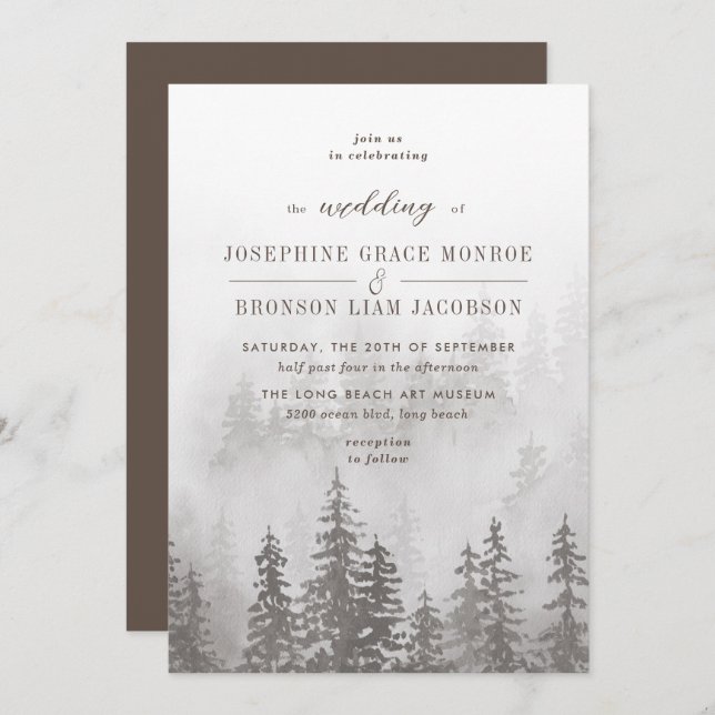 Invitación Evergreens en el bosque de niebla en el Boda gris (Anverso / Reverso)