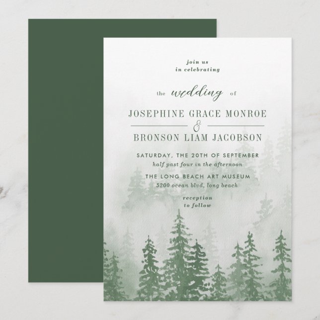 Invitación Evergreens en el bosque de niebla en el Boda verde (Anverso / Reverso)