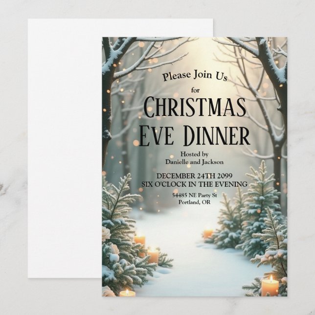 Invitación Evergreens escarcha con velas iluminadas por nieve (Anverso / Reverso)