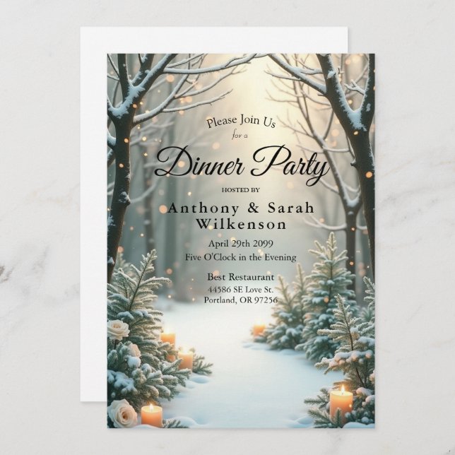 Invitación Evergreens escarcha con velas iluminadas por nieve (Anverso / Reverso)