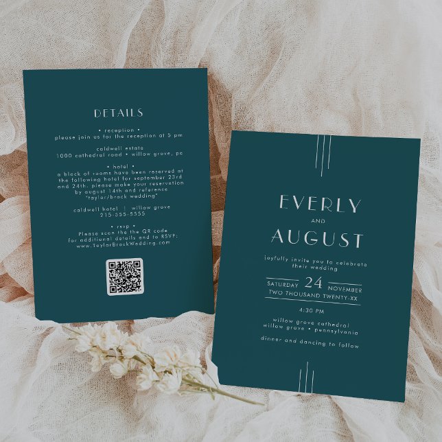 Invitación EVERLY Retro Art Deco Peacock Teal QR Code Wedding (EVERLY Retro Art Deco Peacock Teal QR Code Wedding Invitation)