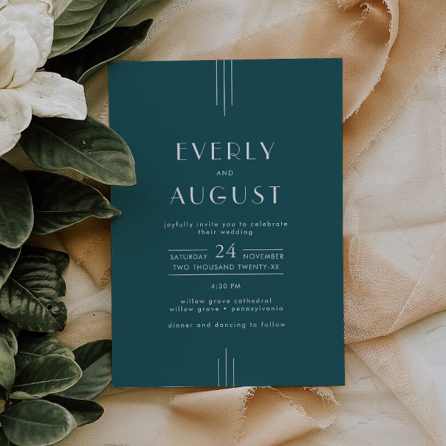 Invitación EVERLY Simple Retro Art Deco Peacock Teal Wedding (EVERLY Simple Retro Art Deco Peacock Teal Wedding Invitation)