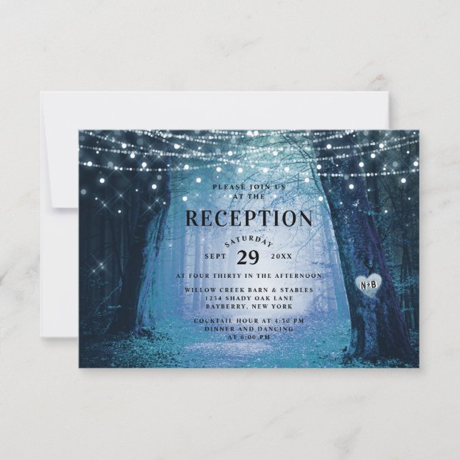 Invitación Evermore | Recepción de Bodas Azules de Bosque Enc (Anverso)