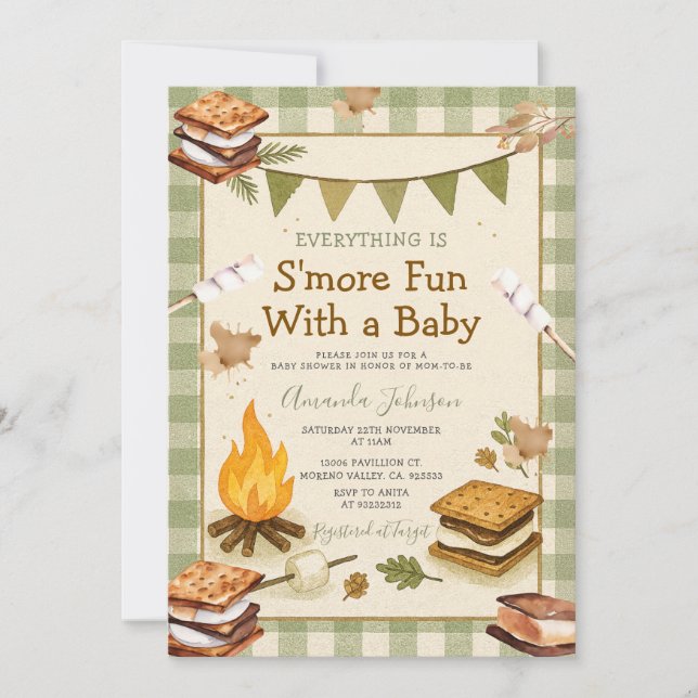 Invitación Everything S'more Fun Green Baby Shower Gingham (Anverso)
