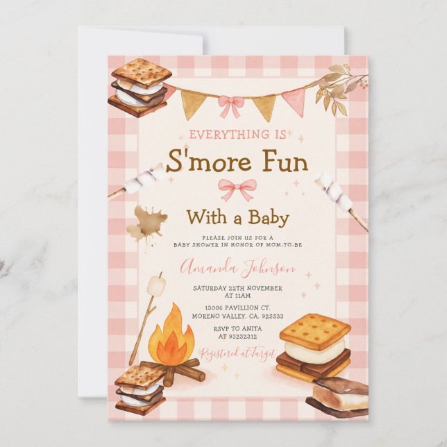 Invitación Everything S'more Fun Pink Baby Shower Gingham (Anverso)
