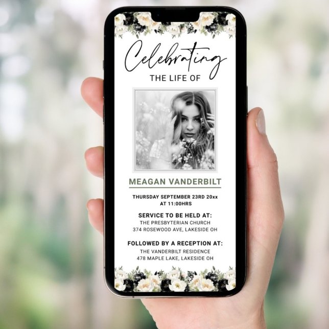 Invitación Evidencia de funerales florales digitales Somber e (Editable Sombre Digital Floral Funeral Evite Invitation)