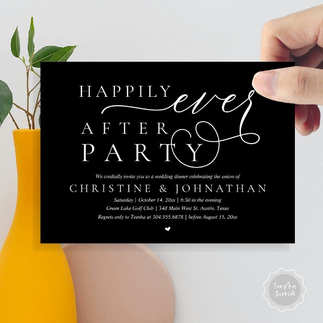 Invitación Evolución Boda Moderna, Afortunadamente Después De (Modern Cute Wedding Elopement, Happily Ever After Party Invitation Card, PDF, in Classy Black)