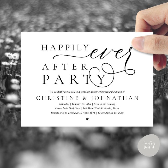 Invitación Evolución Boda Moderna, Afortunadamente Después De (Modern Cute Wedding Elopement, Happily Ever After Party Invitation Card, PDF, in Black and White)