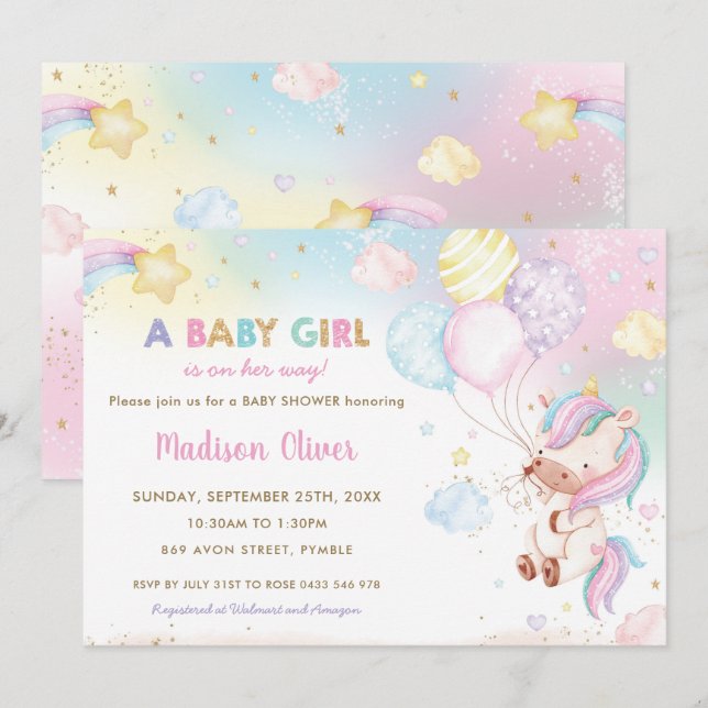 Invitación Exagerados globos de unicornio arcoiris Baby Showe (Anverso / Reverso)