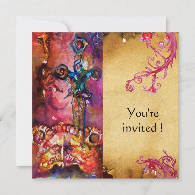 Invitación EXCALIBUR 3 , rojo brillante , pergamino rosa mora (Anverso)