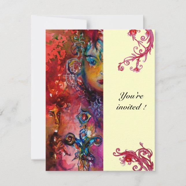 Invitación EXCALIBUR, rojo brillante, rosa azul amarillo (Anverso)