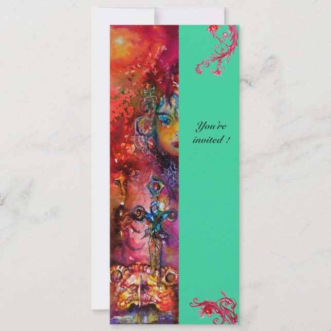Invitación EXCALIBUR , rojo brillante , rosa azul verde (Anverso)