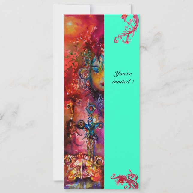 Invitación EXCALIBUR , rojo brillante , rosa azul verde (Anverso)