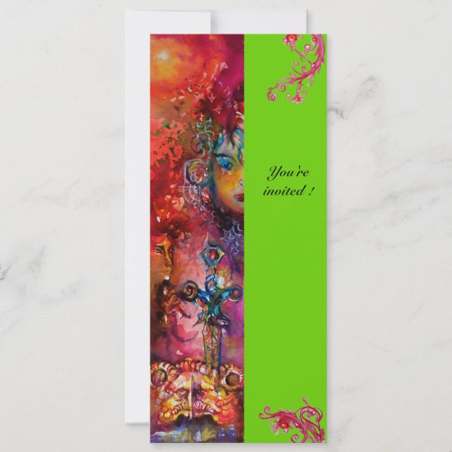 Invitación EXCALIBUR, rojo brillante, rosa azul verde (Anverso)