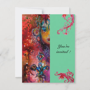 Invitación EXCALIBUR , rojo brillante , rosa azul verde