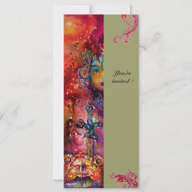 Invitación EXCALIBUR, rojo brillante, verde rosa azul (Anverso)