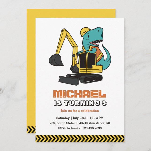 Invitación Excavator T-Rex Builder Construcción Niños Cumplea (Anverso / Reverso)