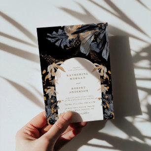 Invitación Exclusiva De Boda Floral De Oro Y Negro