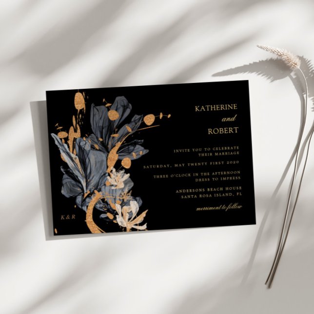 Invitación Exclusiva De Boda Floral De Oro Y Negro (Subido por el creador)
