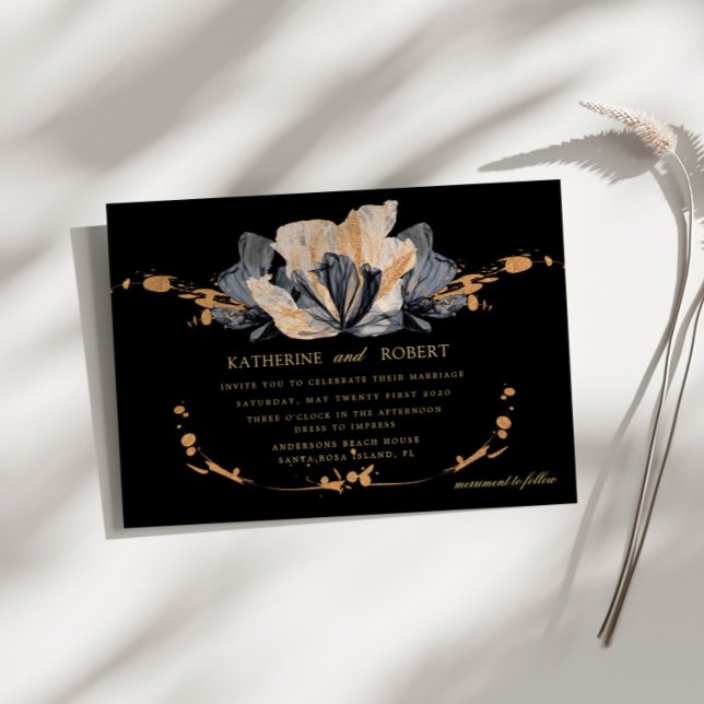 Invitación Exclusiva De Boda Floral De Oro Y Negro (Subido por el creador)
