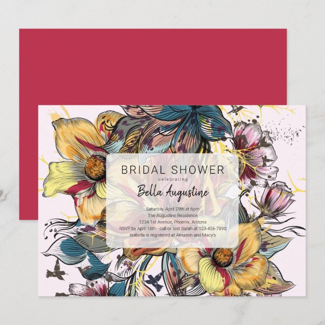Invitación Exclusiva ducha de novia con flores audaces (Anverso / Reverso)