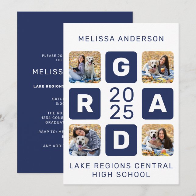 Invitación Exclusivo Grad Navy Blue White 5 Graduación de fot (Anverso / Reverso)