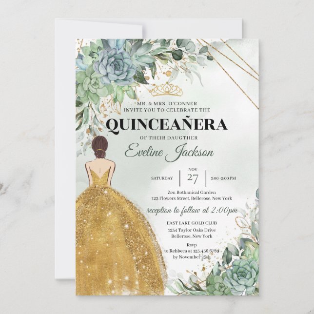 Invitación Éxitos oro follaje Princesa Dress Quinceanera (Anverso)