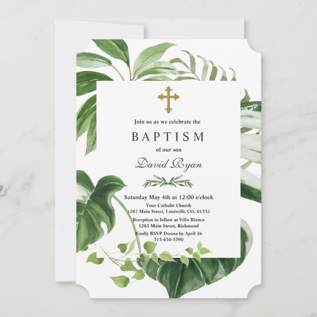Invitación Exótica hoja tropical cruza el bautismo de niño de (Anverso)