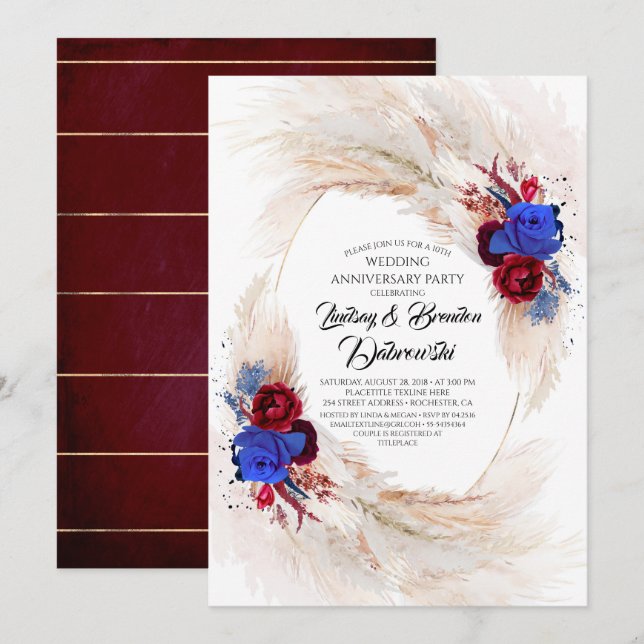 Invitación Exóticas Bodas de Pampas Florales Aniversario (Anverso / Reverso)