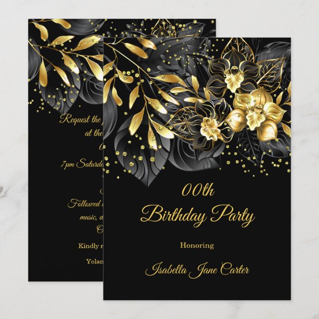 Invitación Exótico Black Floral Gold Birday Party (Anverso / Reverso)