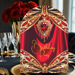 Invitación Exótico Cumpleaños Rojo Dorado Joya Mariposa