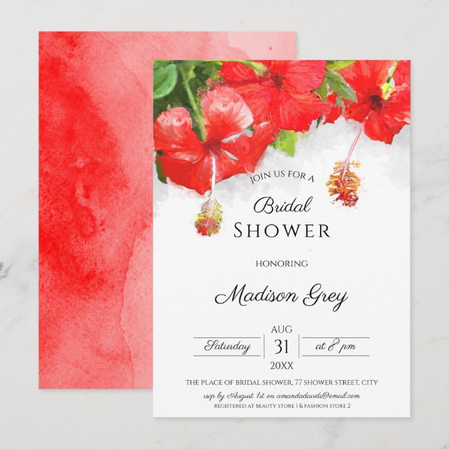 Invitación Exótico Hibiscus Rojo Flor Art Brillante (Anverso / Reverso)