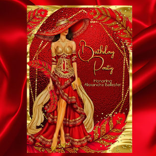 Invitación Exótico impresionante vestido rojo dorado pluma cu