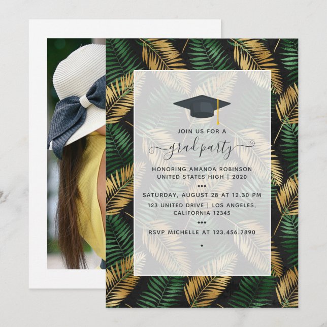 Invitación Exótico Partido de Graduación Verde y Oro Tropical (Anverso / Reverso)
