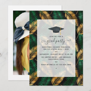 Invitación Exótico Partido de Graduación Verde y Oro Tropical