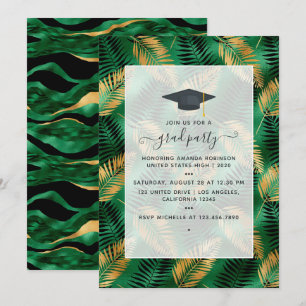 Invitación Exótico Partido de Graduación Verde y Oro Tropical